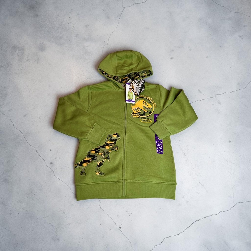 Jurassic World Kids Green Zip Up Hoodie T-Rex Camo Graphic Sweatshirt Size L 10